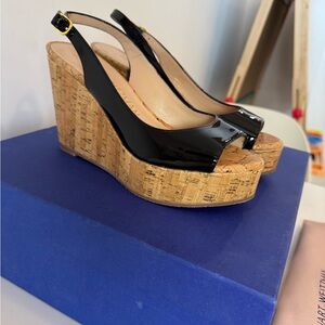 Stuart Weitzman Riviera Black Patent Leather Wedge Sandals